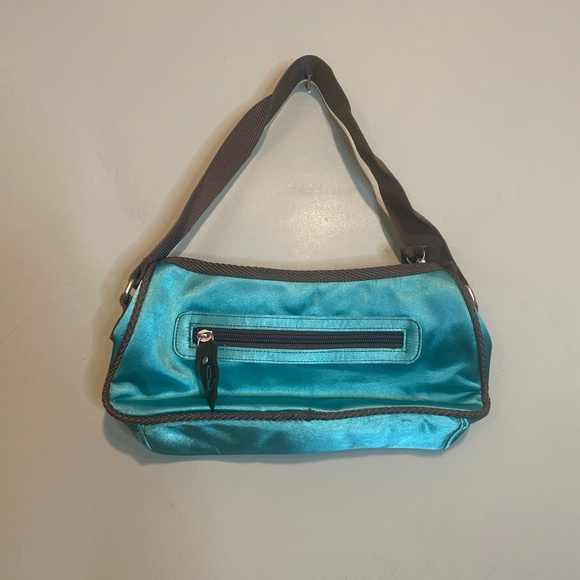 Womens Satin Shoulder Bag Small Purse Y2K 2000s Retro Evening Handbag Teal Blue - Picture 1 of 6